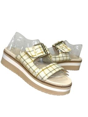 Oasis Society Plaid Chunky Platform Sandals Sz 8.5 Beige Brown Modern Slide Shoe